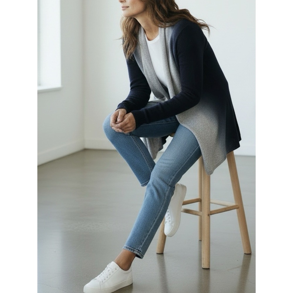 C by Bloomingdale's Cashmere Cardigan Grey Navy Dip Dye Ombre Open Front Luxury